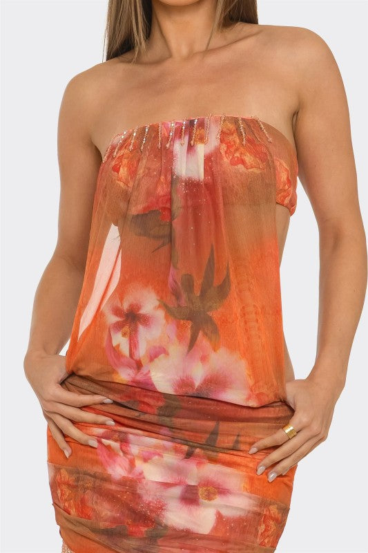 Tropical Beaded Mesh Mini Dress