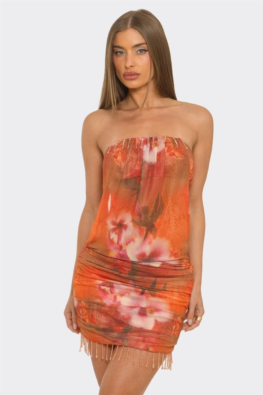 Tropical Beaded Mesh Mini Dress