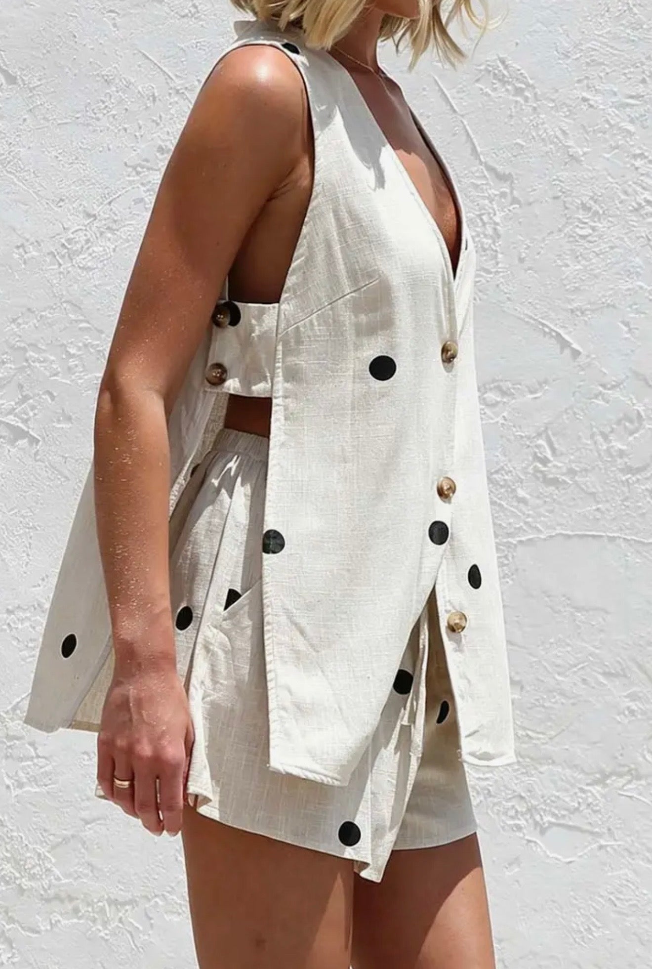 Button Front Polka Dot Short Set