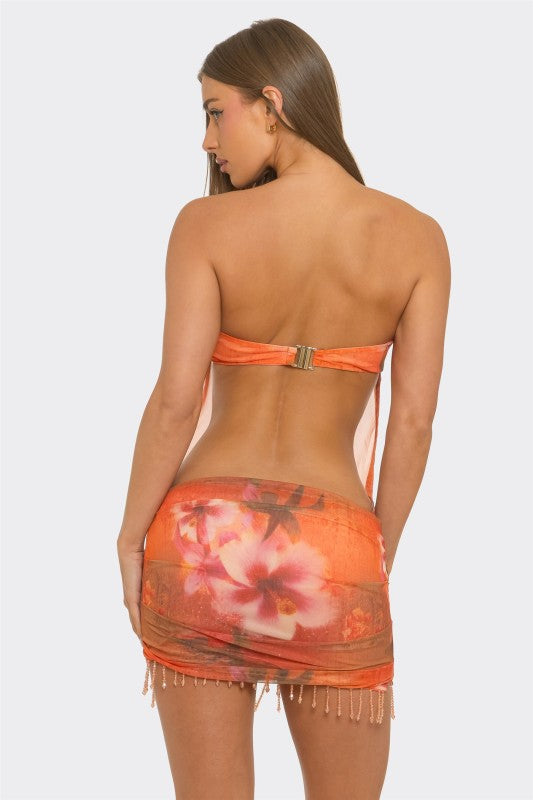 Tropical Beaded Mesh Mini Dress